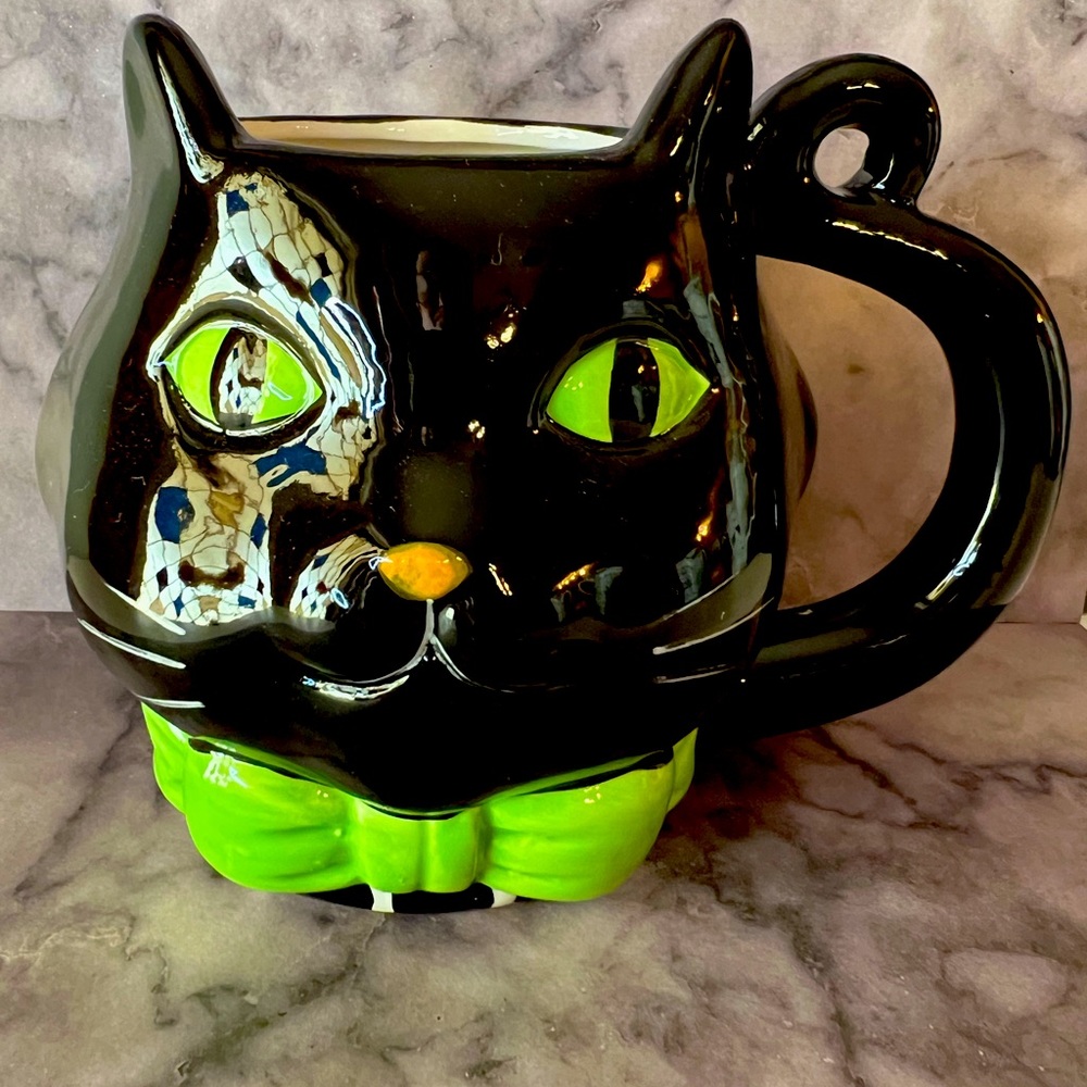 Halloween Ceramic Large Black Cat Mug Green Eyes & Bow Tie Coffee Cider Tea